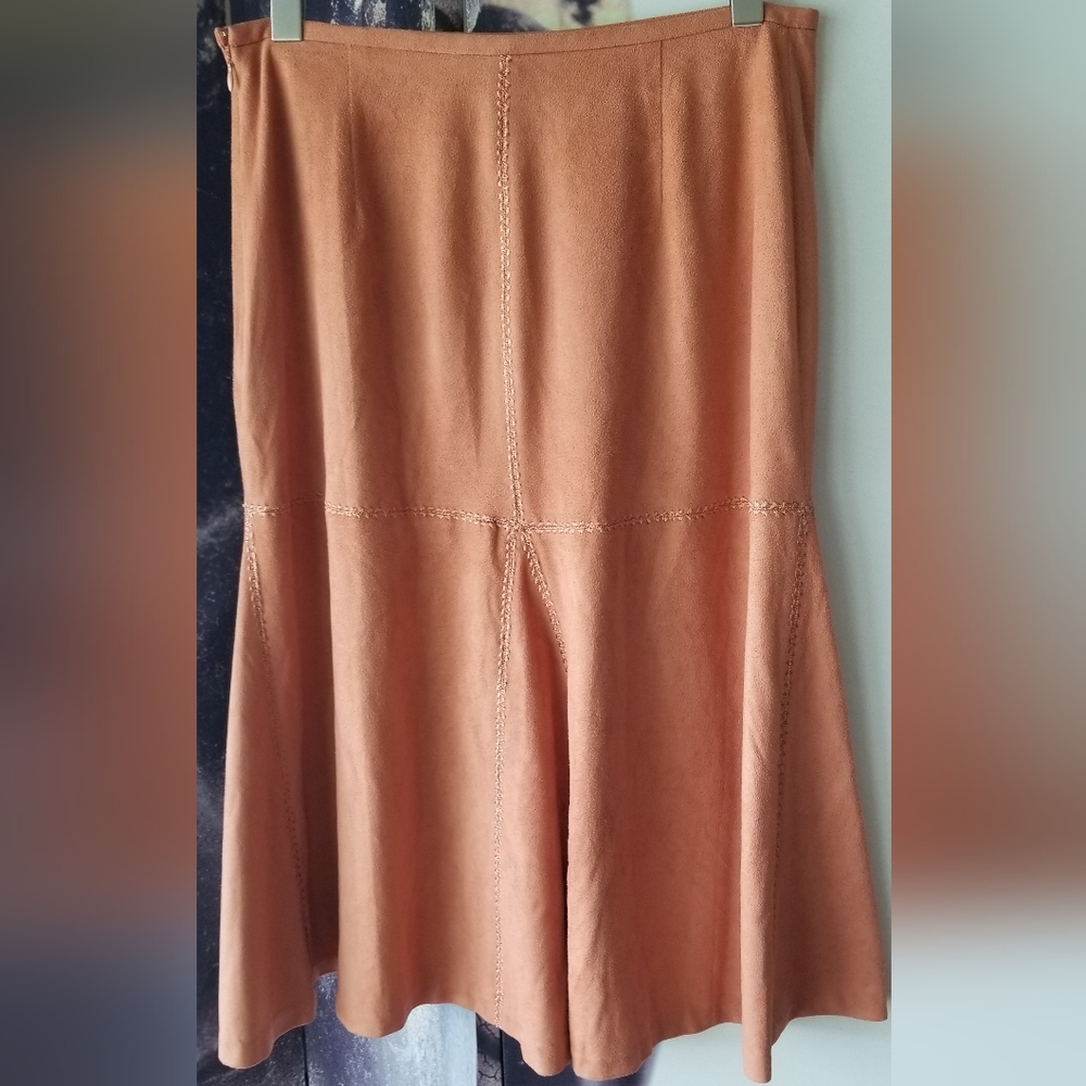 BANDOLINO‎ Women's Brown Faux Suede Stitch Trim Midi Flare Skirt Size 10